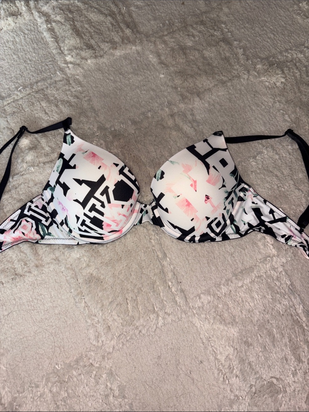 PINK Victoria's Secret Black & White Logo Push-Up Bra with Pink Floral Accents